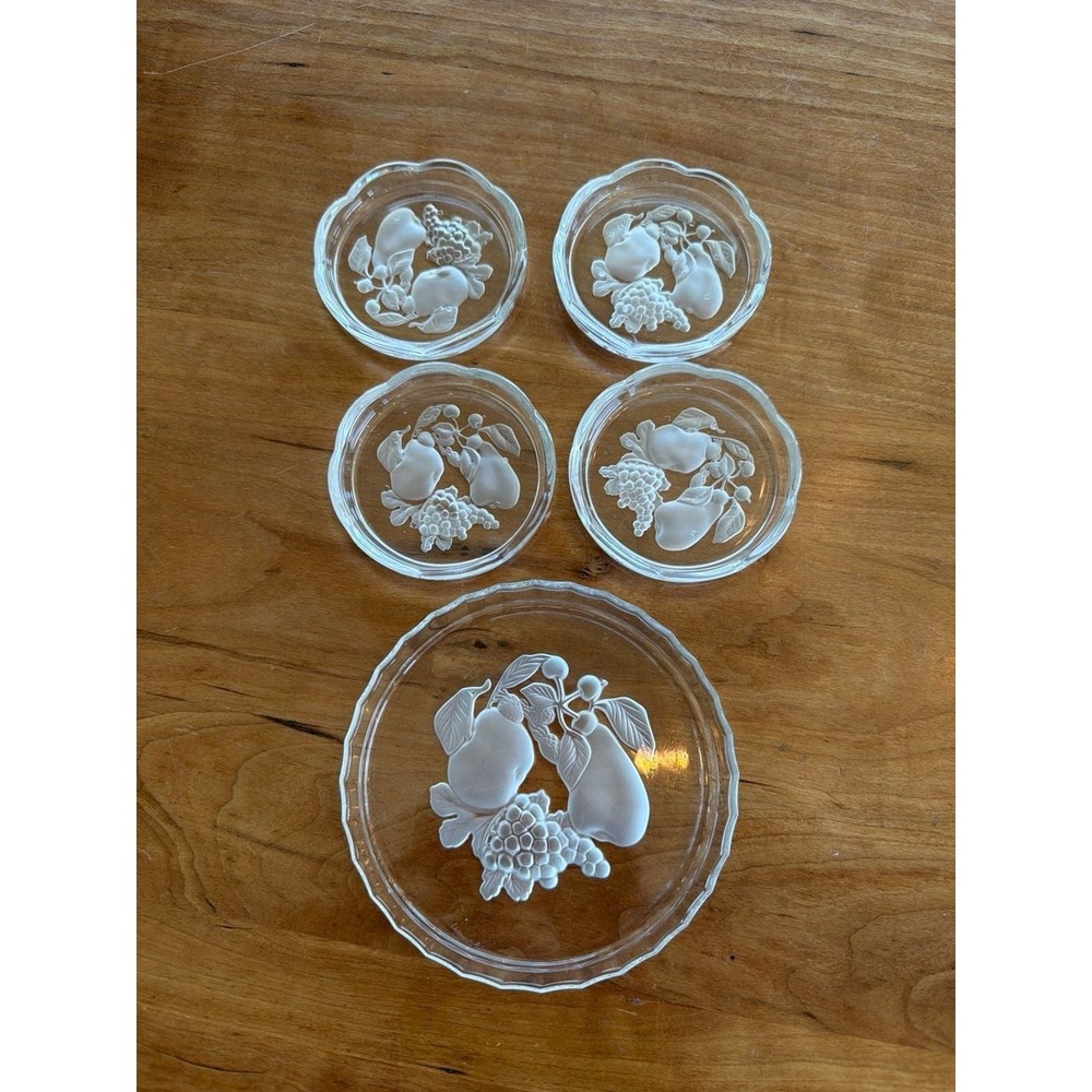 Val St Lambert Frosted Fruit Crystal 5-Piece Plate and Coaster Set